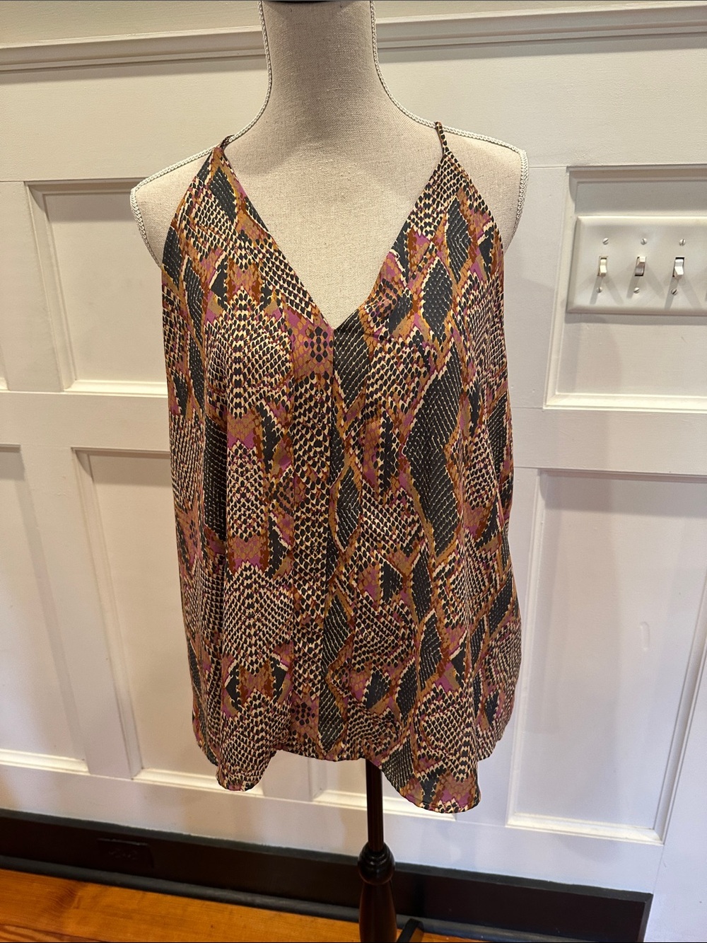 Adrienne Printed V-Neck Spaghetti-Strap Cami in Brown and Pink